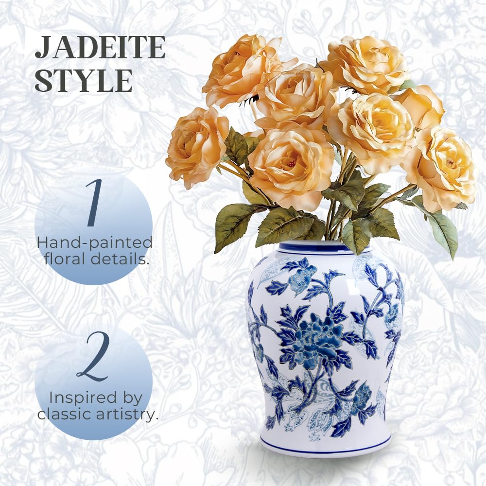 Andaliz Large Blue and White Ceramic Ginger Jar with Gold, 18.1 Inch Floral Vase Floor Decor for Living Room, Entryway Home Accent
