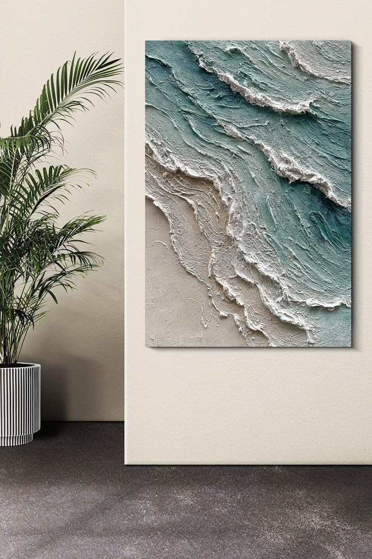 Diathou Art Hand-painted oil painting of a beach scene with waves. Modern abstract blue landscape art as a wall decoration for home office. 36x24 inches.