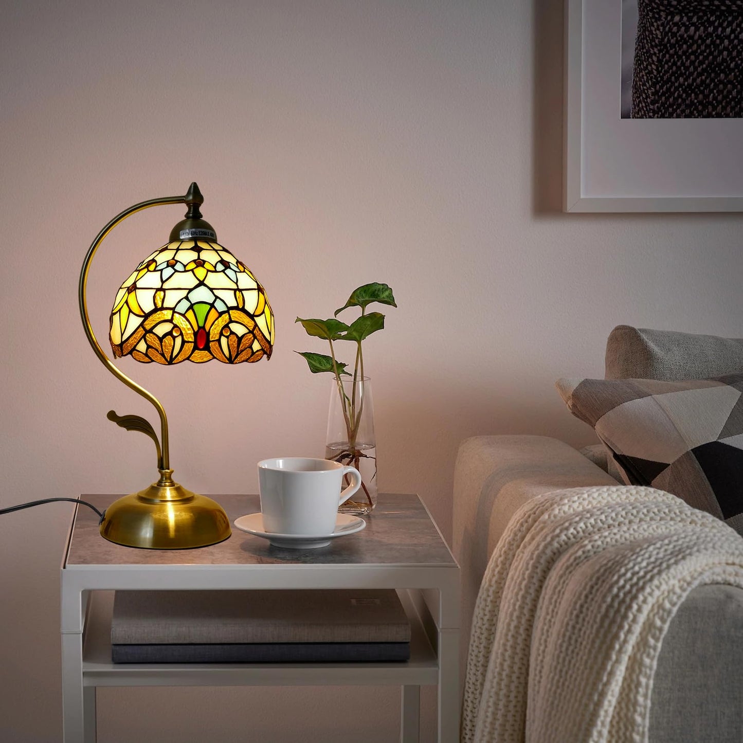 VirtueKing Tiffany Lamp Stained Glass Table Lamp Beige Baroque Style Desk Light with Metal Leaf Iron Base 8" Wide 17" Tall for Small Space Bedroom Home Office Decor