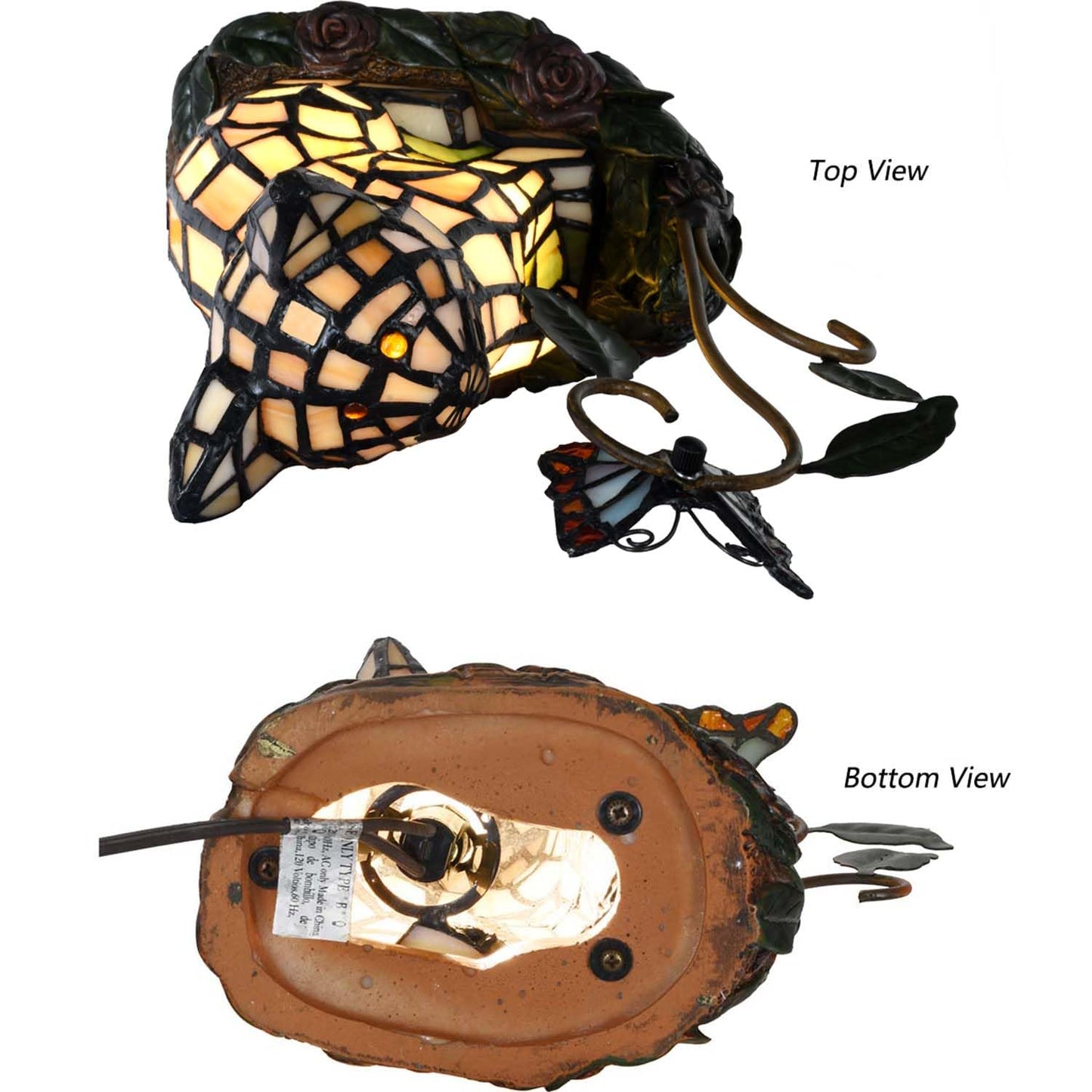 Bieye L10891 Tiffany-Style Stained Glass Cat Accent Table Lamp - Adorable Orange Cat Watching a Butterfly - 10-Inch Tall