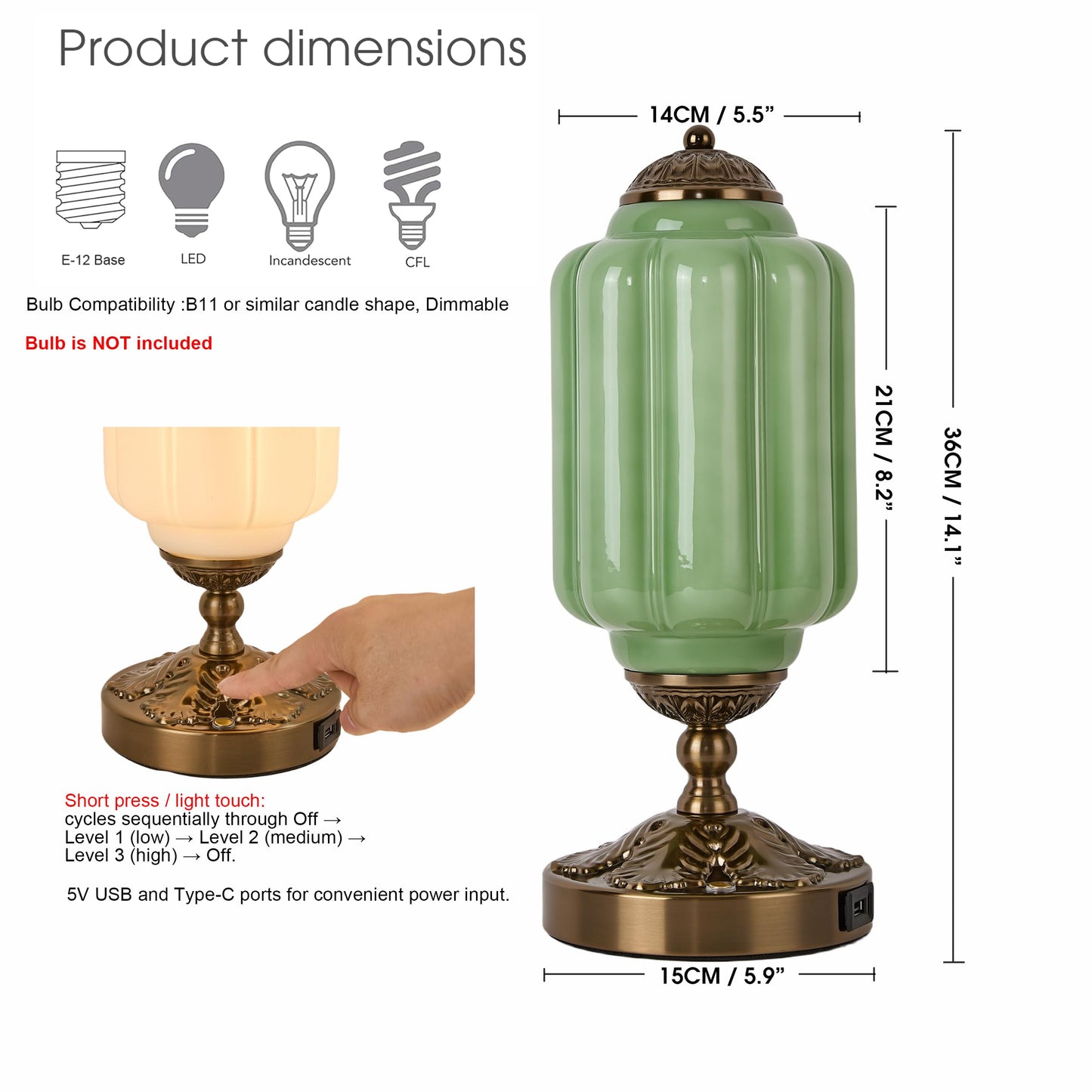 Glazart Luxa Vintage Touch Table Lamp, Milk Glass Shade with Metal Base, 3 Way Dimmable Desk Light with USB Charging Ports, Retro Lamp for Living Room Bedroom Bedside Nightstand