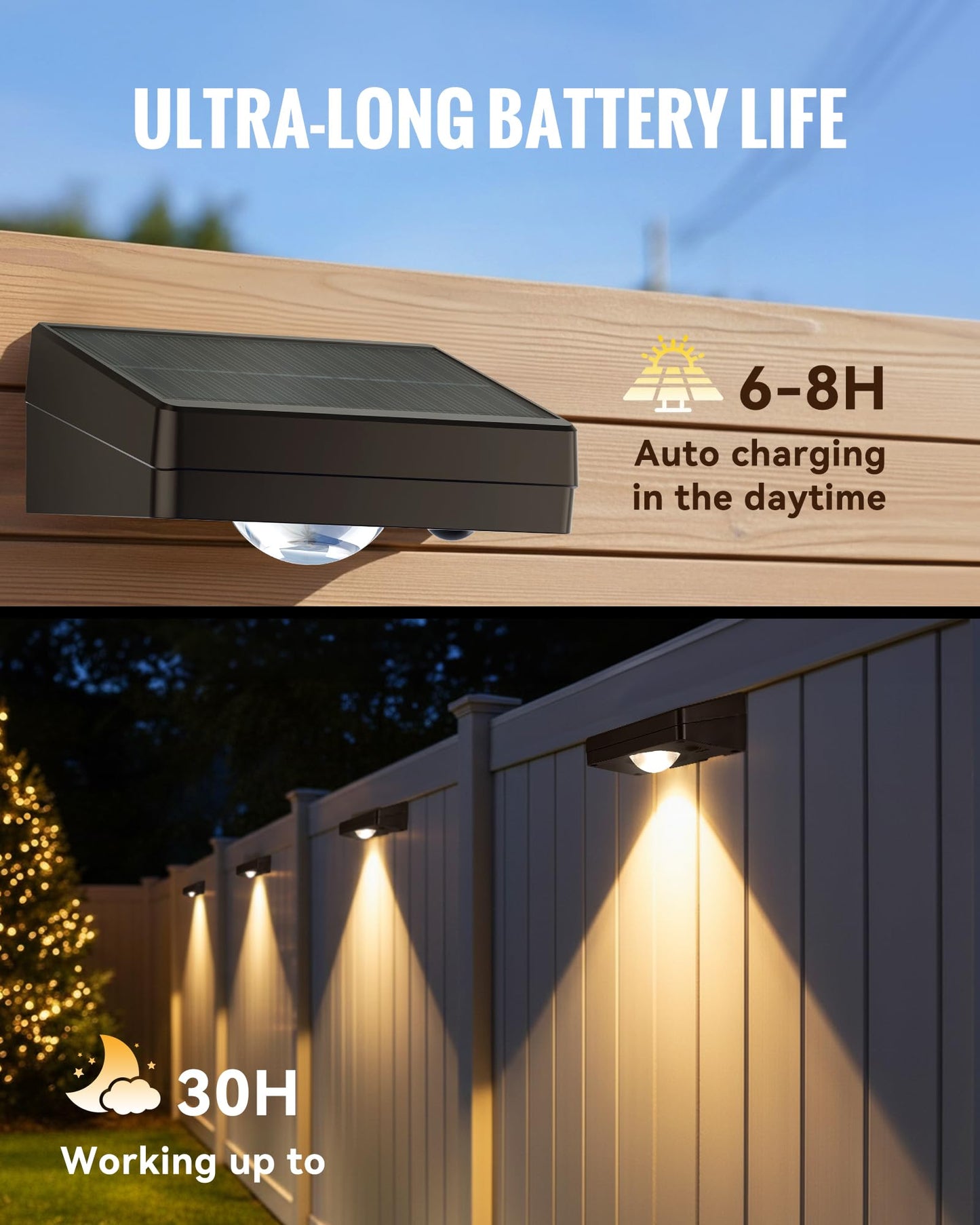 FabStyl Solar Fence Lights Outdoor, 3000/4500/6000K 3 Mode, Fence Lights Solar Powered for Outside Backyard, Railing, Step, Patio, Fence Post, Home Improvement Garden Decor，8 Pack