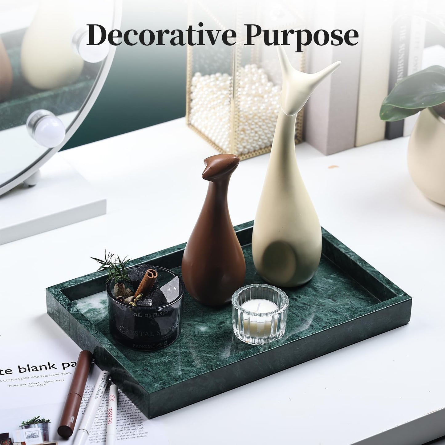 YMXYJM Real Natural Marble Tray for Bathroom, Genuine Marble Stone Vanity Tray, Luxury Storage Trays for Kitchen, Vanity, Home Decor, Dresser, Non-Resin/Non-Ceramic, 12"x 8"x 1.2", Dark Green