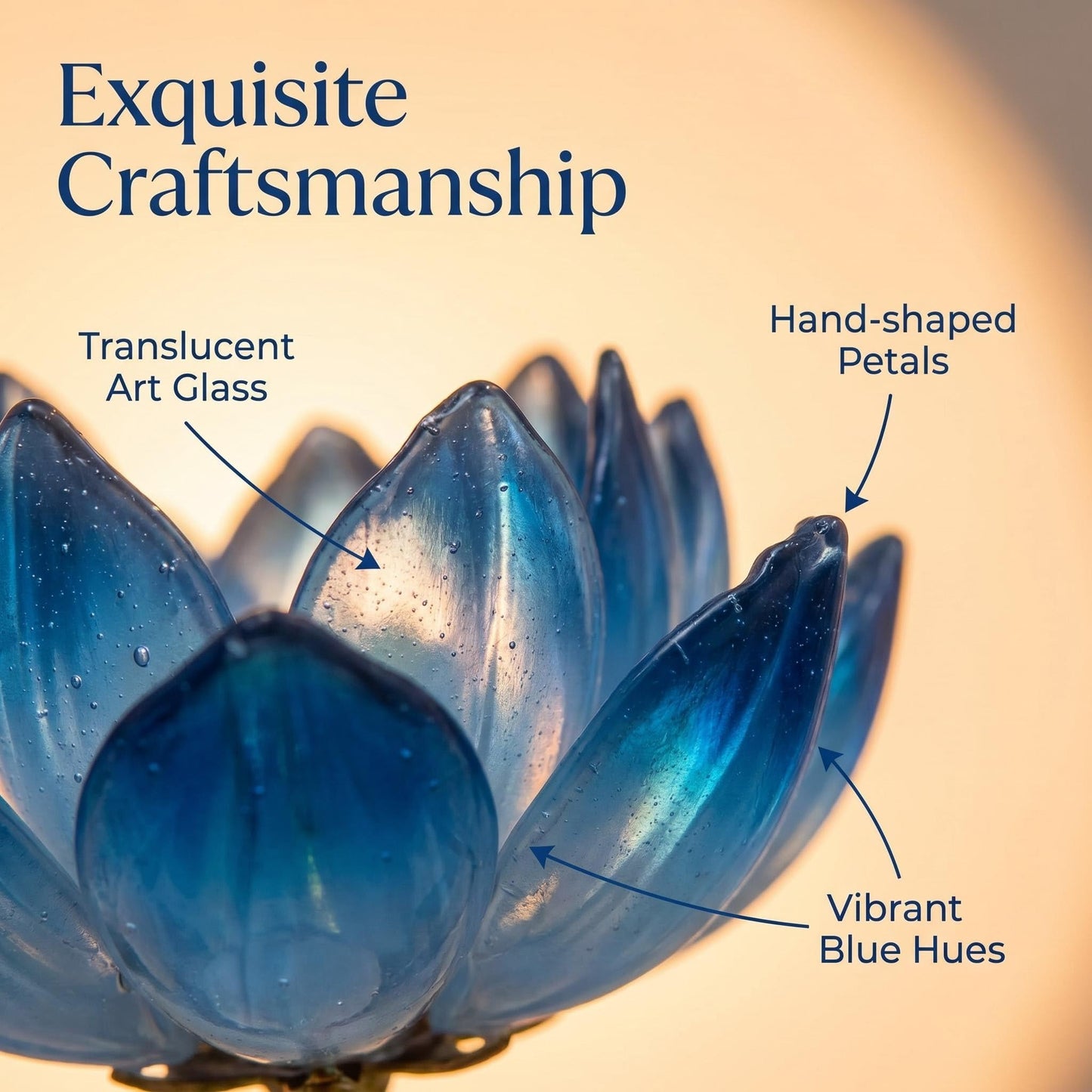 Handmade Art Glass Lotus Flower Arrangement in Vase, Blue Glass Floral Sculpture, Elegant Home Decor Accent, Decorative Centerpiece Gift for Mom, Women, Housewarming (Sapphire Blue)