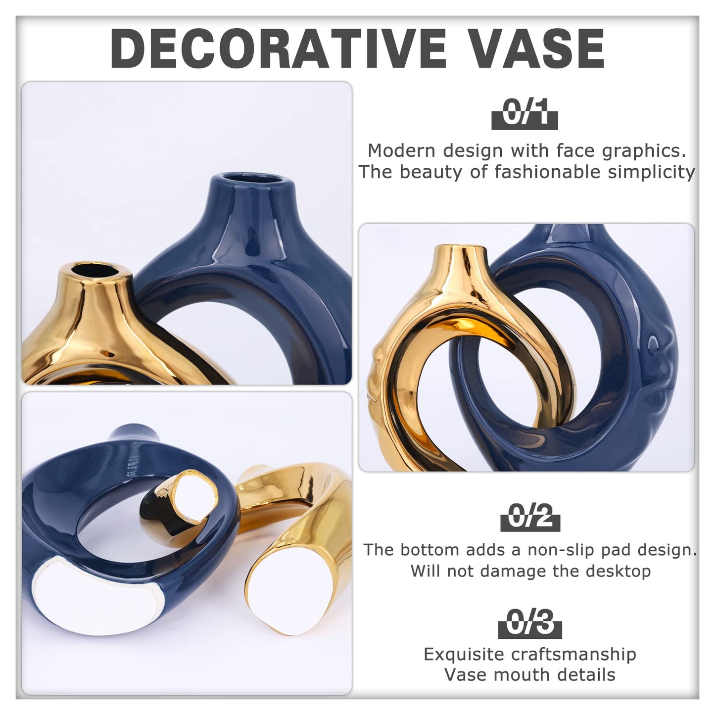 oliruim Navy Blue Home Decor Ceramic Vase, Navy Blue Gold Round Vase with Holes Set of 2, Suitable for Wedding Entrance Decoration, Bookshelf, Mantel, Unique Home Decor (Blue Gold)