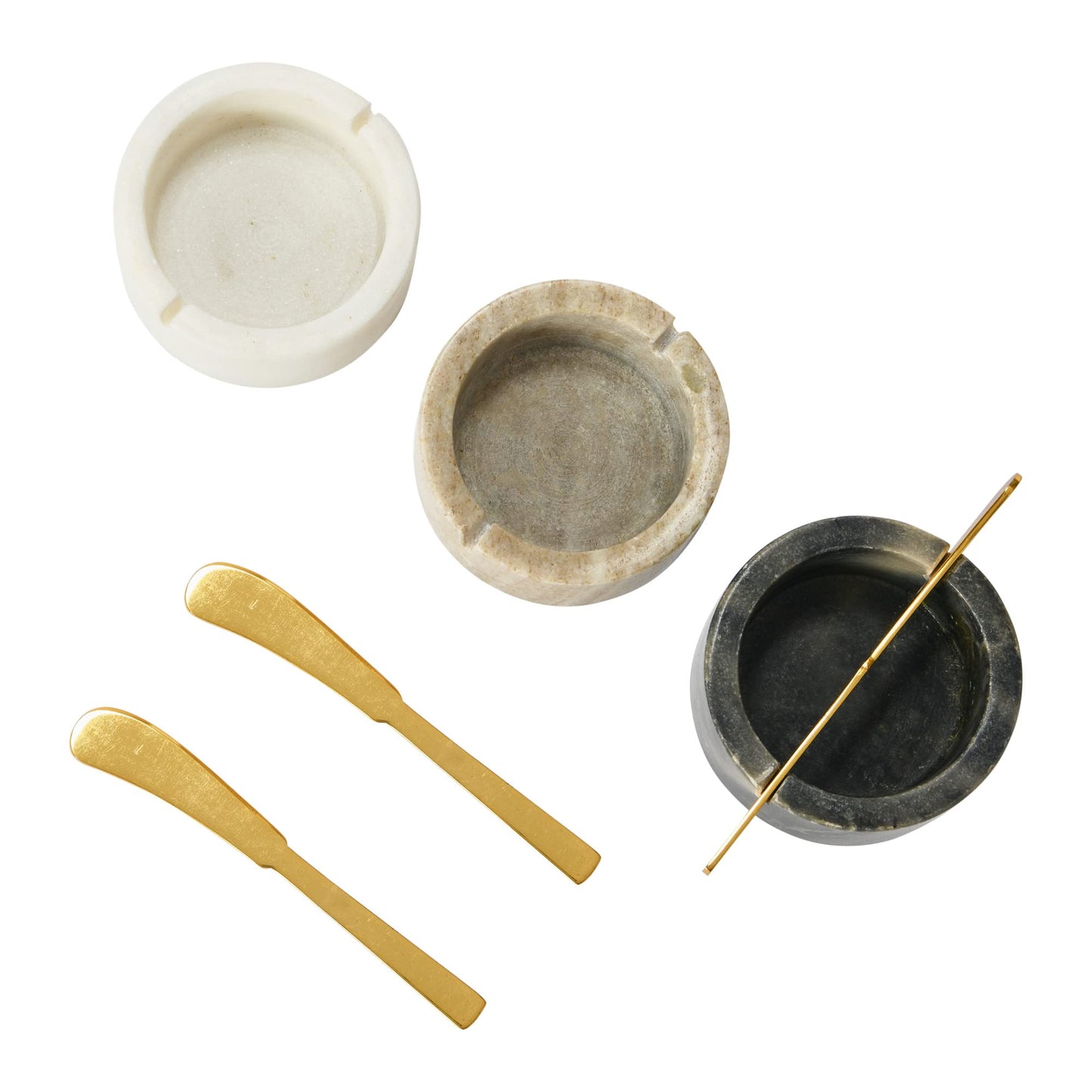 Creative Co-Op Marble Set Pinch Pot Bowls for Salt, Pepper, and Seasoning with 3 Metal Knives