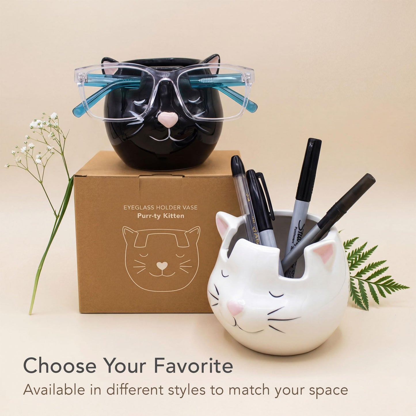 Luvberries Cat Glasses Holder Stand and Vase - Black Cat Ceramic Sunglasses and Eyeglasses Stand Cat Lady Gift Display and Decor Organizer for Desk Accessories and Stationery Items