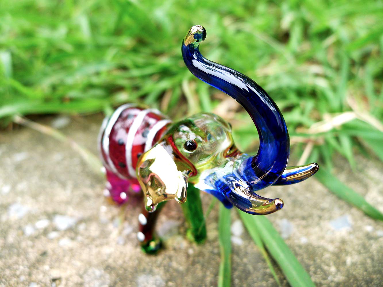 Sansukjai Elephant Tiny Miniature Hand Blown Glass Art Figurines Animals Collectible Gift Decorate, Trunk Up (Rainbow)
