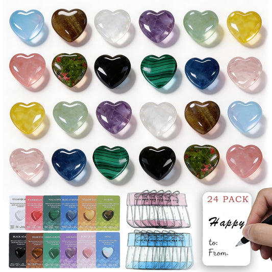 24 Packs Valentines Day Gifts for Kids,Crystals and Healing Stones with Heart Valentines Day Cards for Kids Classroom School Party Favors,Valentine Healing Crystals Rock Gift Exchange Bulk for Him Her