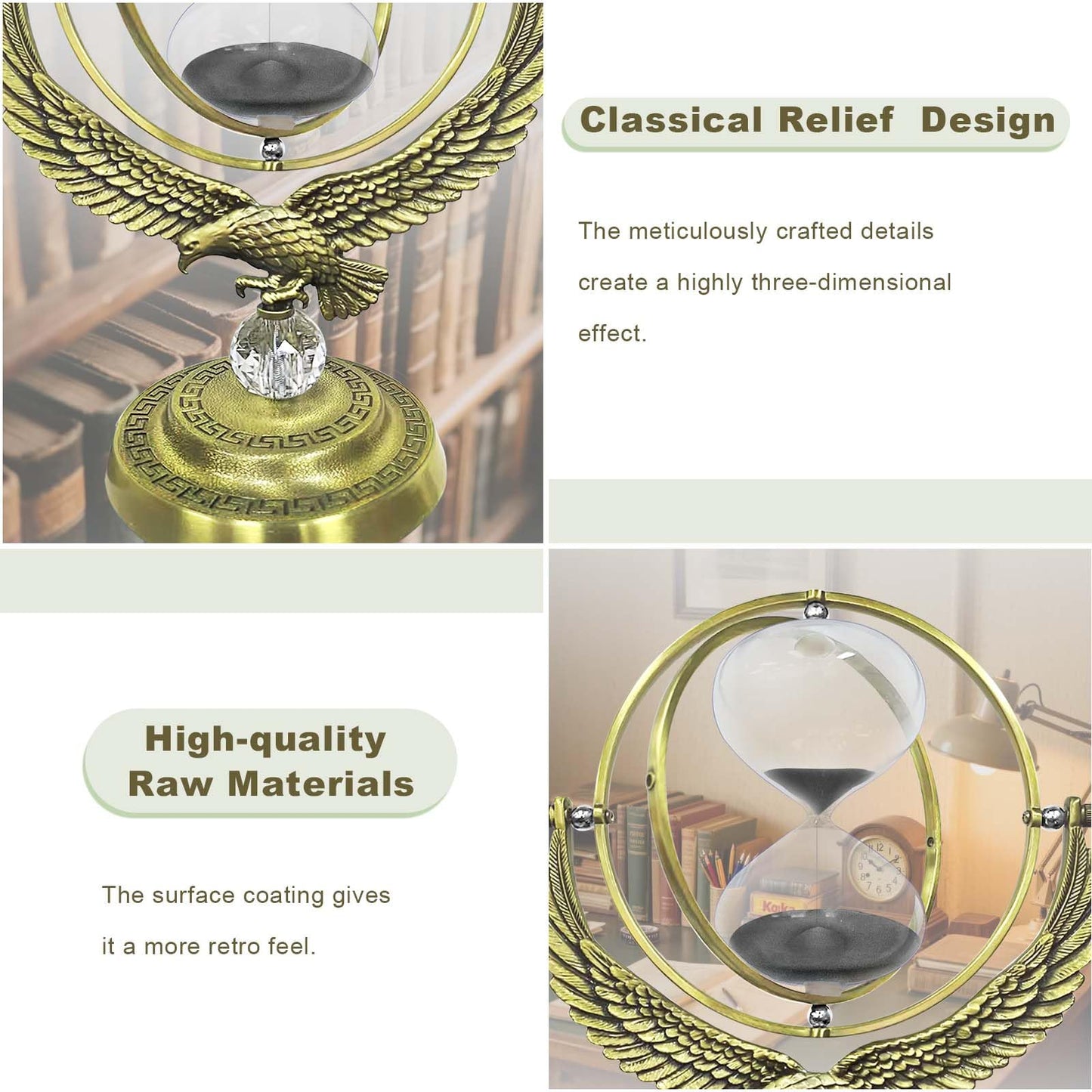 SuLiao Sand Timer Hourglass, 1 Hour Rotating Eagle Hour Glass, 60 Min Large Black Sand Clock, 60 Minute Unique Brass Sandglass, 1 hr Metal Decorative Reloj De Arena, Home, Desk, Office