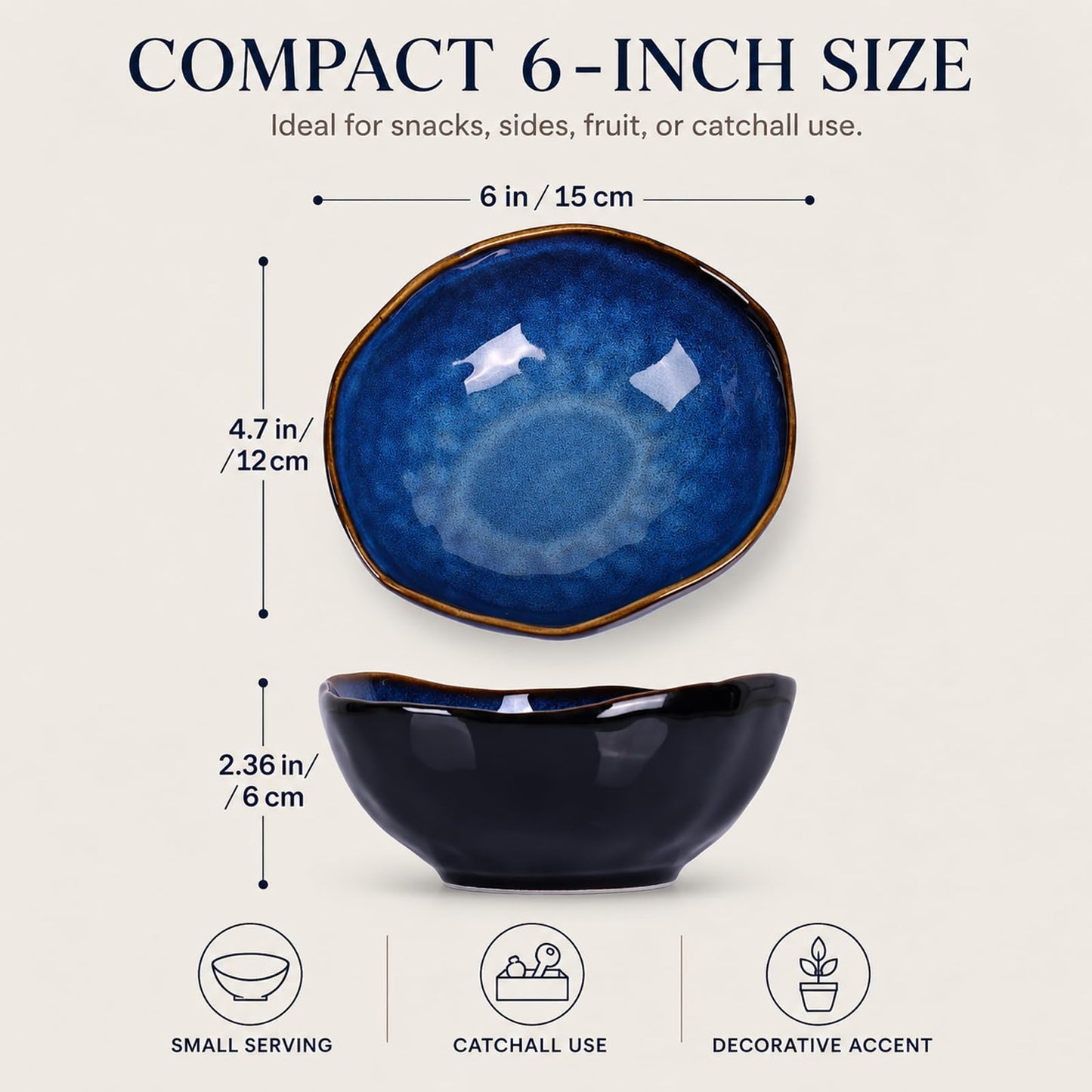 XIYOUQI 6" Blue Ceramic Decorative Bowl, Key Bowl for Entryway Table, Candy Dishes, Salad Bowl, Fruit Bowl for Kitchen Counter, Blue Small Jewelry Trinket Dish for Bedroom, Bedside Table, Living Room