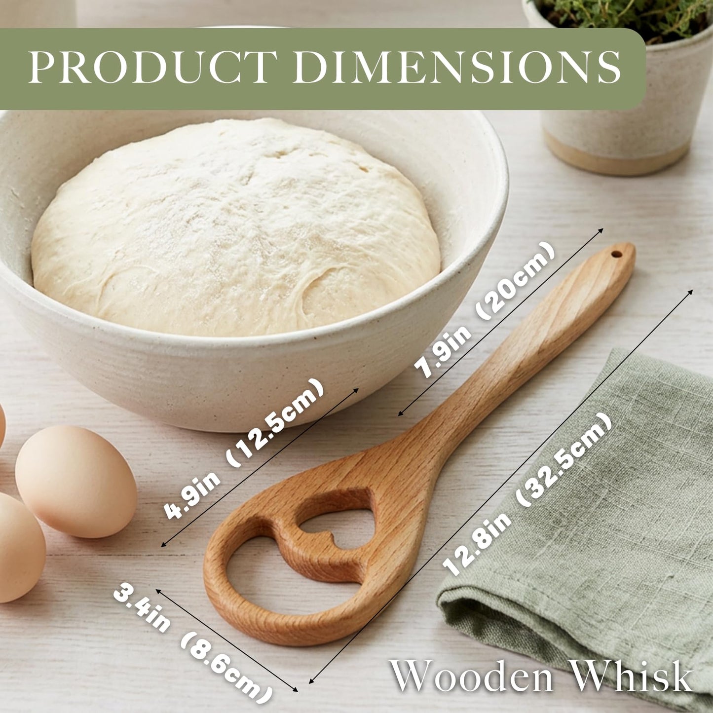 Wooden Danish Dough Whisk - 12.6" Handcrafted Dutch Bread Whisk for Batter, Pizza Dough & Baking - Upgraded One-Piece Sourdough Whisk with Flow-Through Design