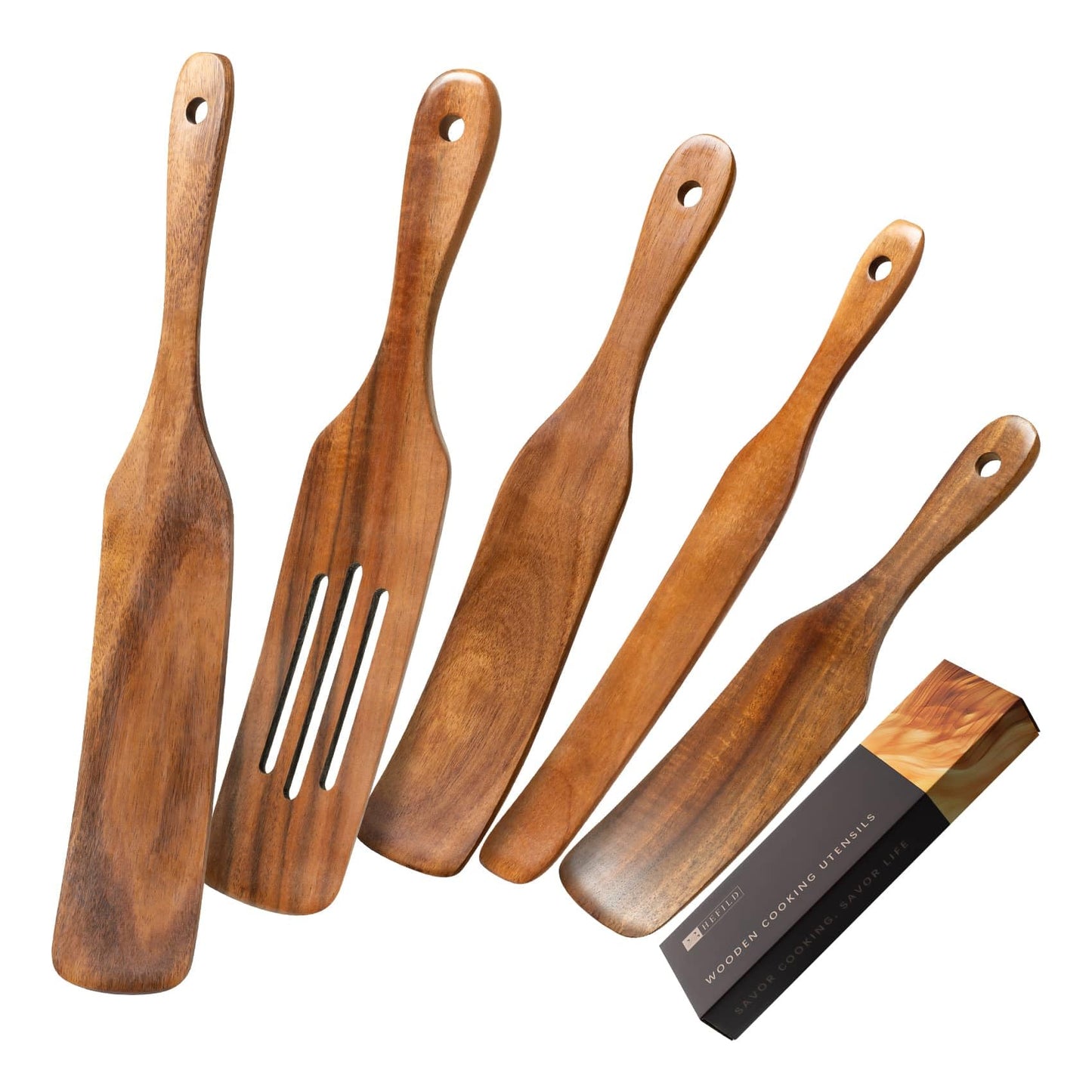Hefild Wooden Spatulas for Cooking Set of 5, Teak Spatula Set with Ergonomic Handles, Nonstick Safe Wooden Spoons for Cooking, Wood Utensil Set for Kitchen, Smooth Handcrafted Wood Spurtle