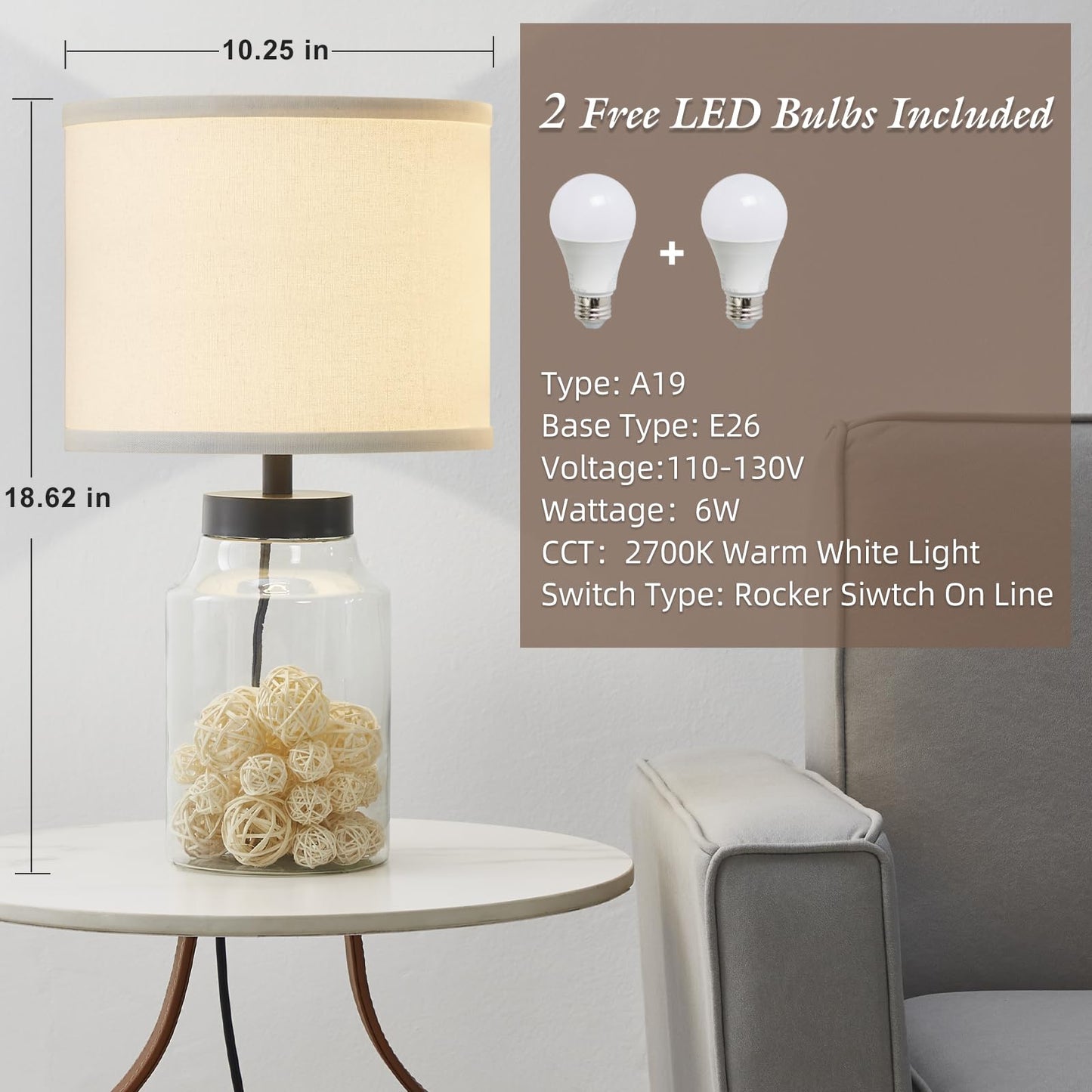 GyroVu Fillable Table Lamp,Bedside Lamp with Clear Glass Fillable Modern Table Lamp with White Lampshade Beside Lamp for Living Room Bedrooms Office Bulbs Included(White)