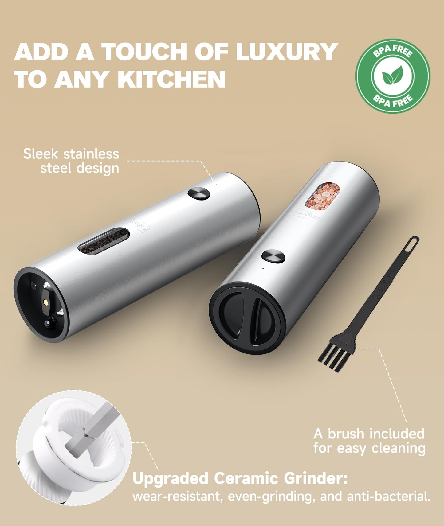 Ringco Electric Salt and Pepper Grinder Set with Charging Base, Rechargeable Salt and Pepper Mill with Adjustable Coarseness, LED Light, 110ml Large Capacity for Kitchen, Outdoors, Gifts for Women