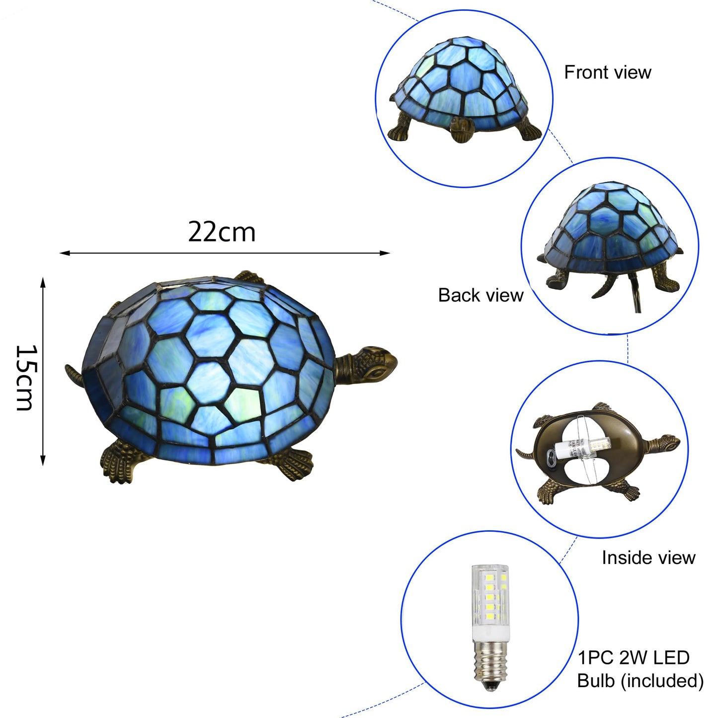 HomeBeauty A0020 Tiffany Style Turtle Lamp Handmade Stained Glass Animal Night Light for Bedside Livingroom Bedroom, LED Bulb Included (Blue)