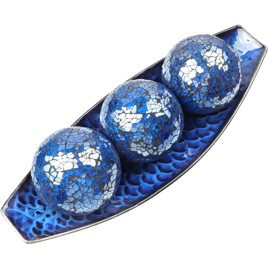 Sanbege 16" Large Ceramic Decorative Tray and 4" Glass Mosaic Balls Set of 4, Long Boat Shaped Centerpiece Bowl and Orbs Set for Home, Party Decor (Blue)
