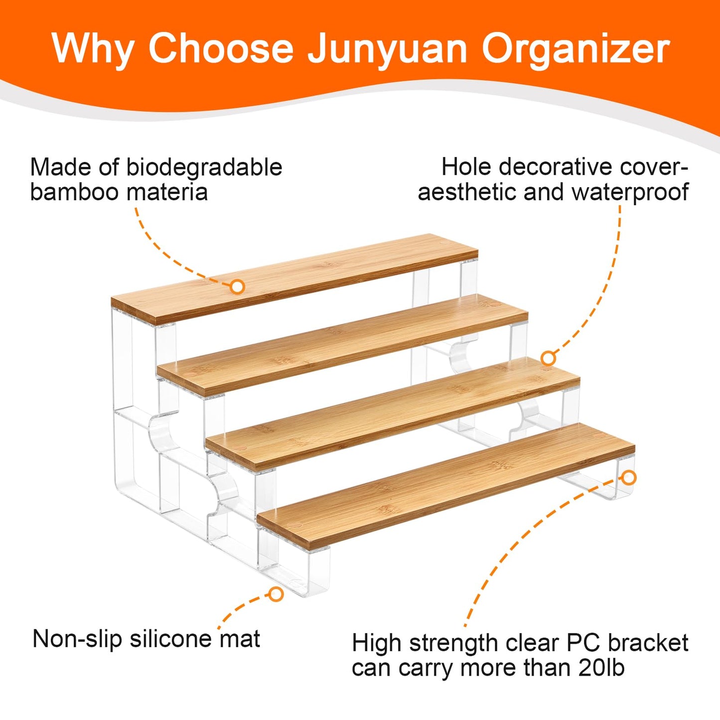 junyuan Bamboo Bathroom Organizers and Storage,Spice Rack Organizer for Cabinet,4 Tier Perfume Organizer for Bedroom,Seasoning Countertop Shelf for Kitchen,Display Shelves Racks,Clear 11.2"