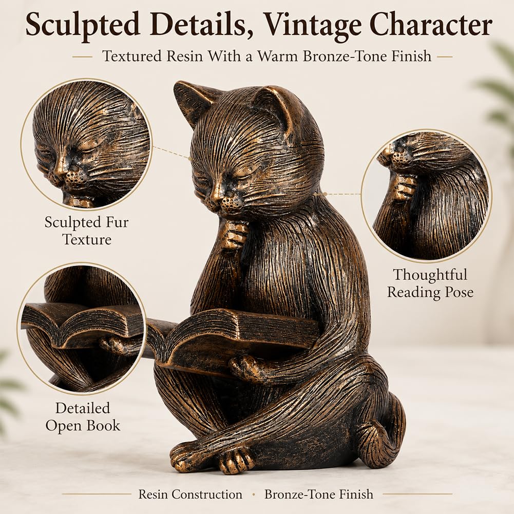 UANYEMON Reading Cat Figurine, 6.4-Inch Bronze-Finish Resin Cat Statue