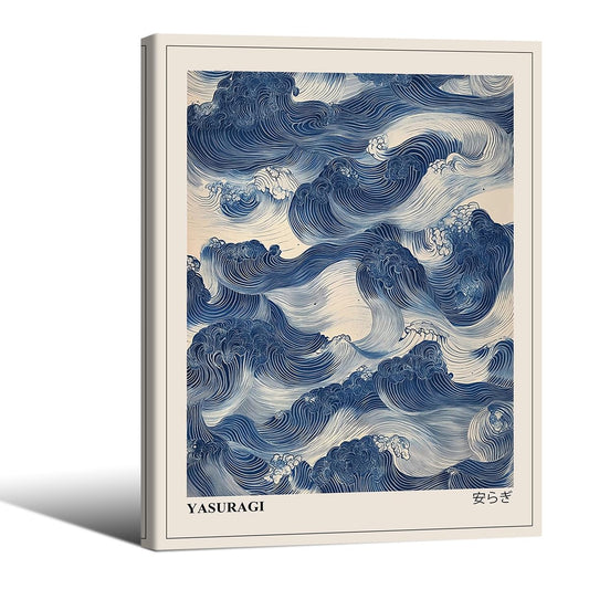 Japanese Blue Waves Wall Art Vintage Oriental Japandi Wabi Sabi Poster 12X16 inch Framed Abstract Giant Waves Canvas Prints for Minimalist Living Room Wall Decor