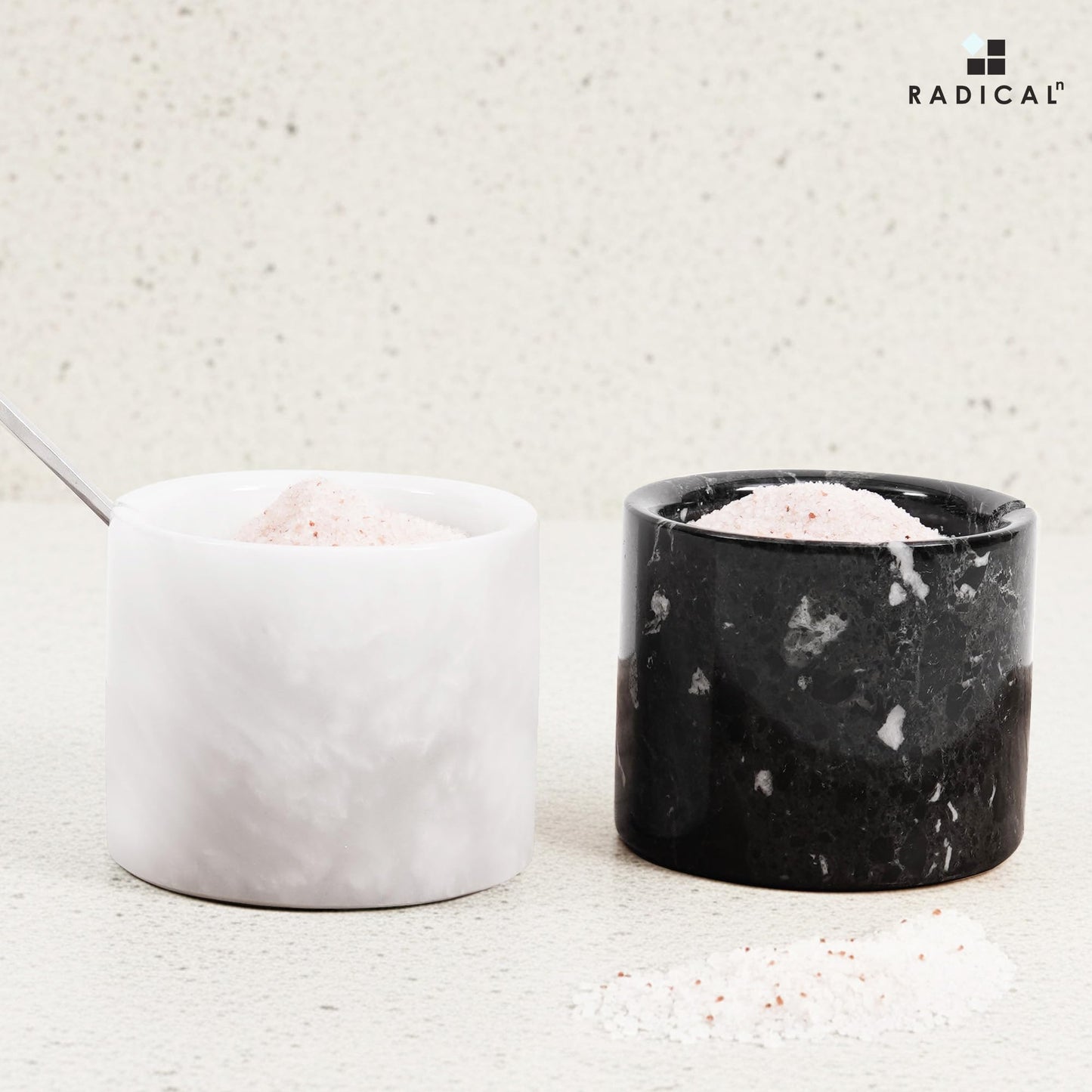 Radicaln Marble Salt Cellar with Lid and Tray 3" Inch Black & White Handmade Salt Dish For Kitchen Countertop, Ideal Set of 2 Seasoning Jars & Table Salt Container For Table
