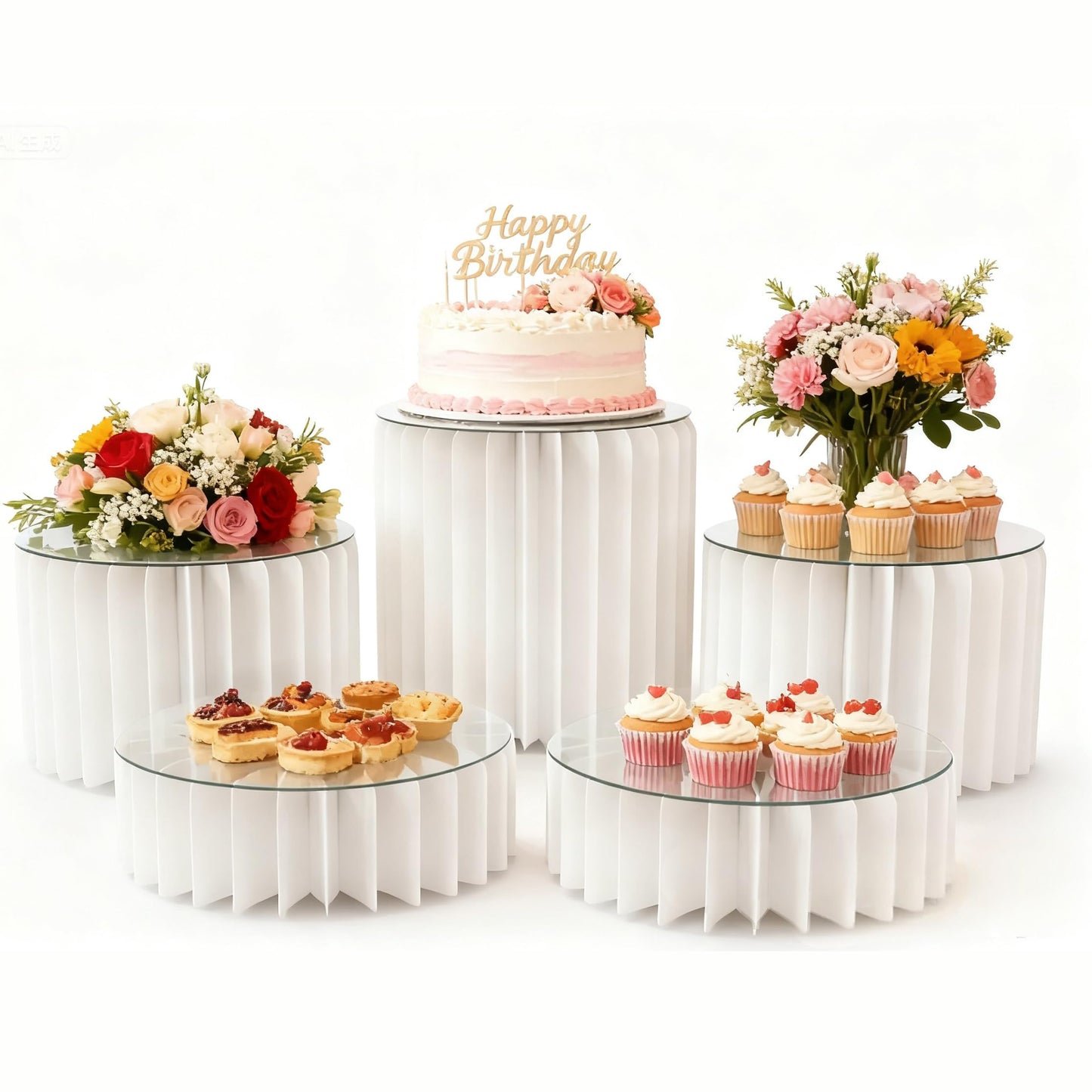 DaJi-U 5 Pcs Buffet Risers Food Display Risers for Party Buffet Table, Dessert Table Display Set Cake and Cupcake Stand Combo, Riser Display Stand for Dessert Food Jewelry, White, 4"/8"/12" H