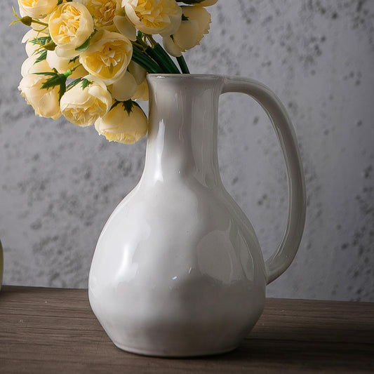 Tanvecle White Ceramic Vase with Big Handles, Modern Farmhouse Decor, Rustic Pottery for Flowers, Decorative Terracotta Centerpiece for Dining Table