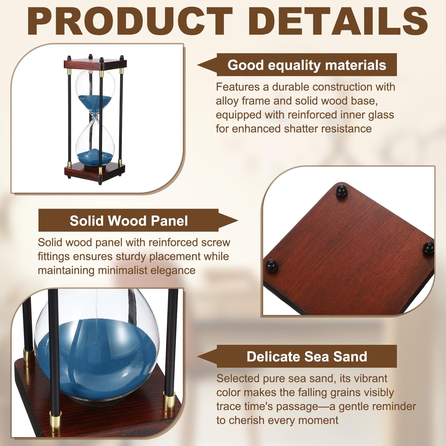 PATIKIL Large Decorative Sand Timer, 60 Minutes Wood Hour Glass Timer Modern Wooden Hour Glass for Cooking Game Office Classroom Kitchen Home, Cyan(Style 2)