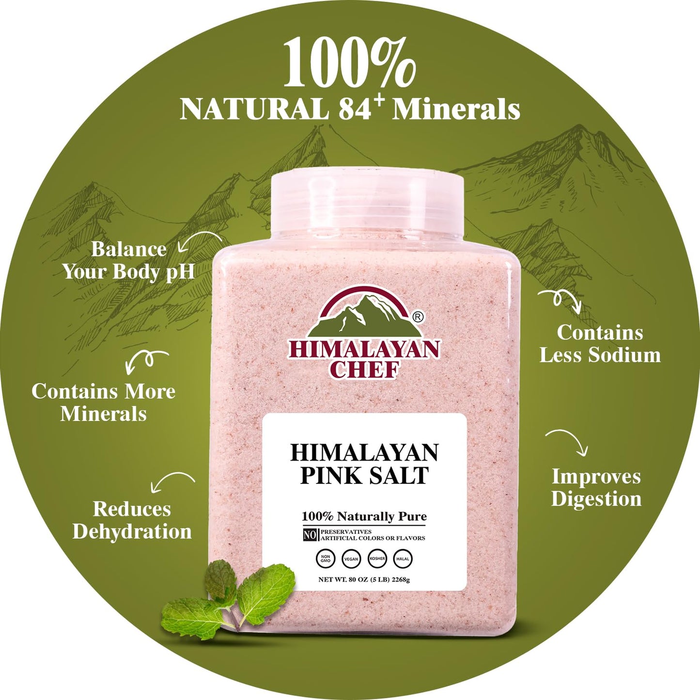 Himalayan Chef Pink Himalayan Salt, Fine Grain - 5 lbs, Organic Food Graded Pink Salt with 84 Rich Minerals, Vegan, Kosher, Non-GMO & Halal Certified, Pack of 2