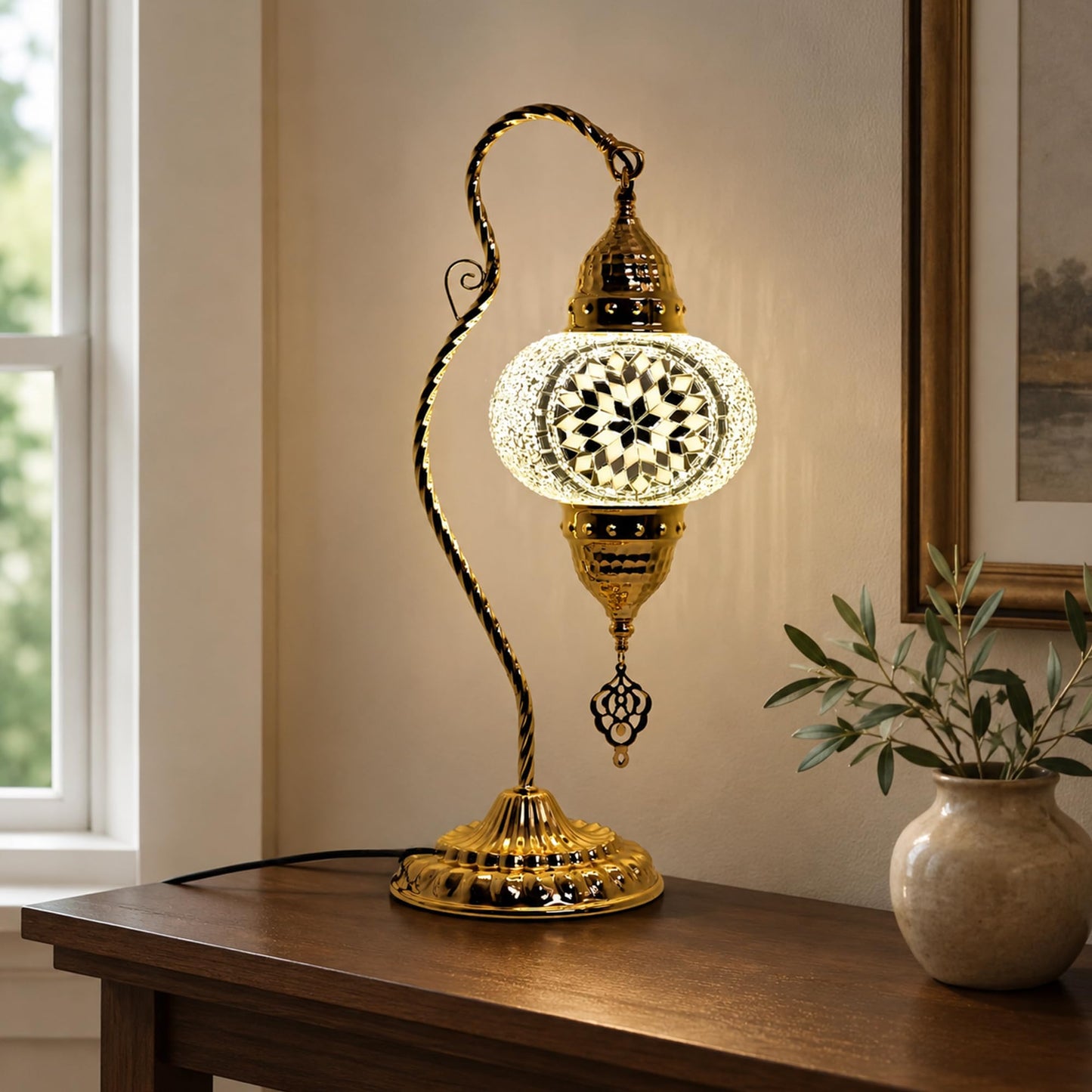 GOGERS Turkish Mosaic Table Lamp, Moroccan Style Swan Neck Bedside Lamp with Handmade Glass Shade, LED Bulb Included, Warm Ambient Decorative Accent Lamp for Bedroom, Living Room, Nightstand (White)