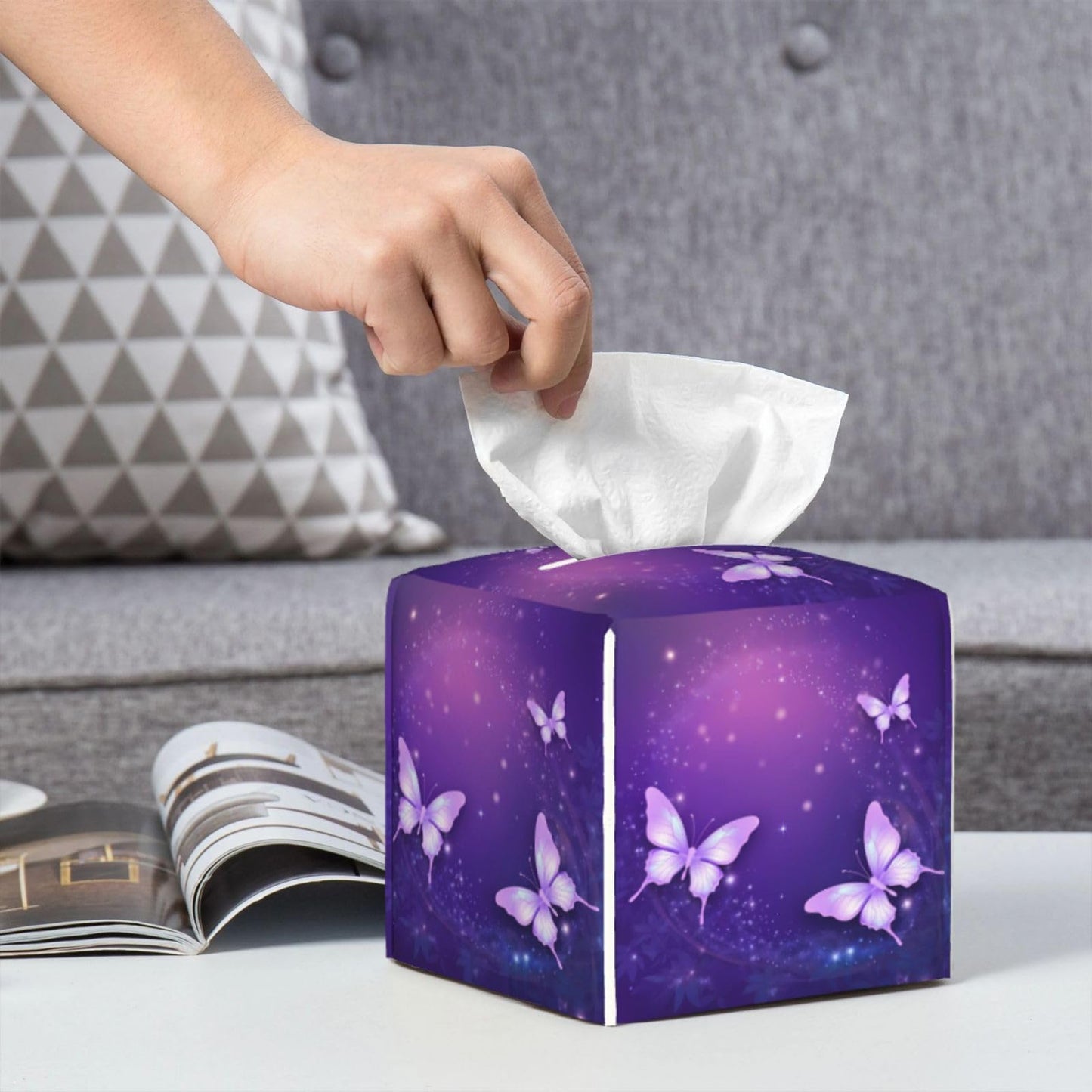Square Tissue Boxes(5.2"x5.2"x5.2"), Firework Star Purple Butterfly Tissue Holder Decor for Vanity Countertop/Home/Car/Office