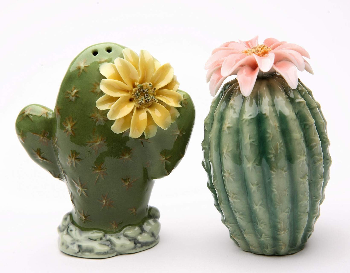 Fine Porcelain Cactus with Pink & Yellow Flowers Salt & Pepper Shakers Set, 3-1/8" H