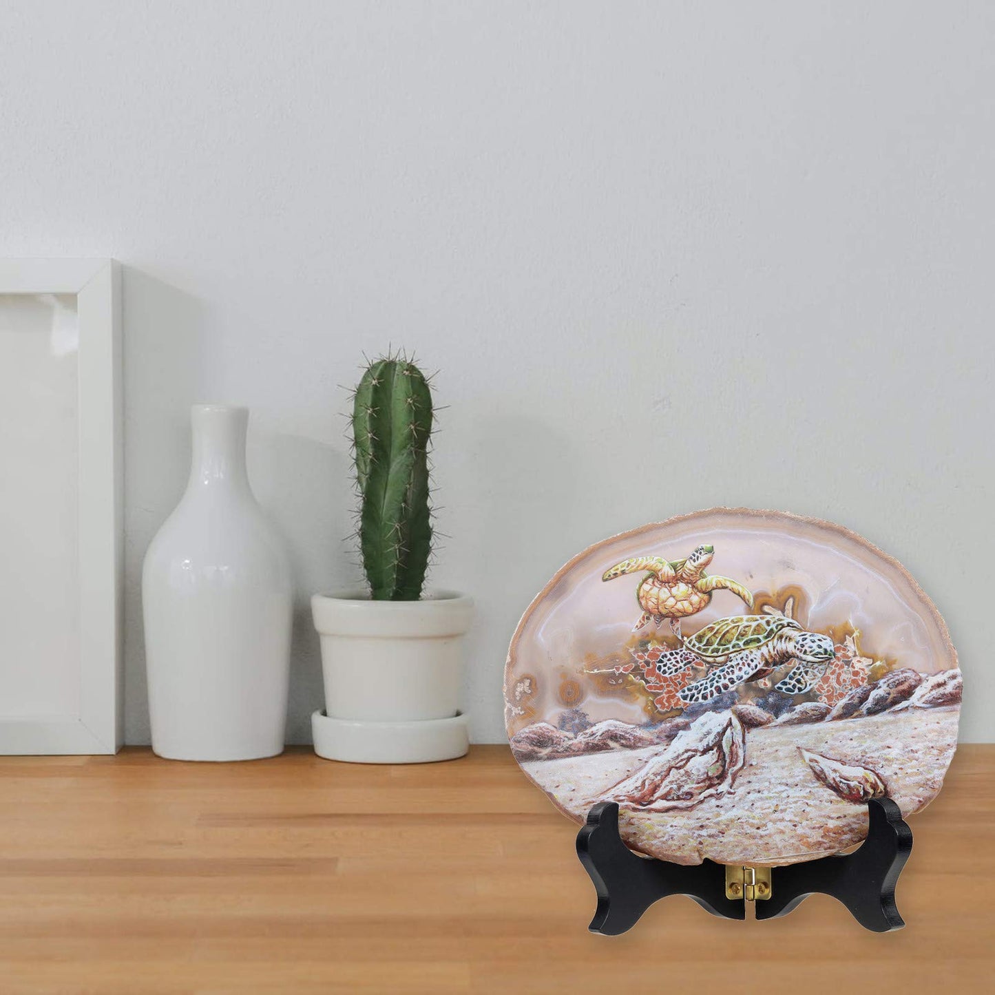 rockcloud Sea Turtle Agate Slab Display with Wooden Stand Irregular Shape Aagte Slice Stone Home Office Desk Ornament