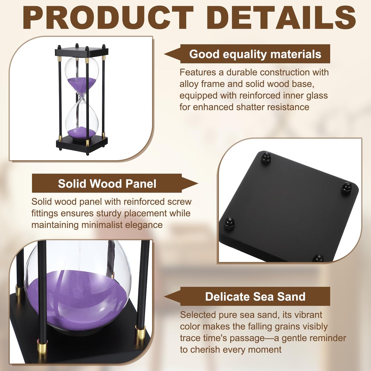 PATIKIL Large Decorative Sand Timer, 60 Minutes Wood Hour Glass Timer Modern Wooden Hour Glass for Cooking Game Office Classroom Kitchen Home, Purple(Style 1)