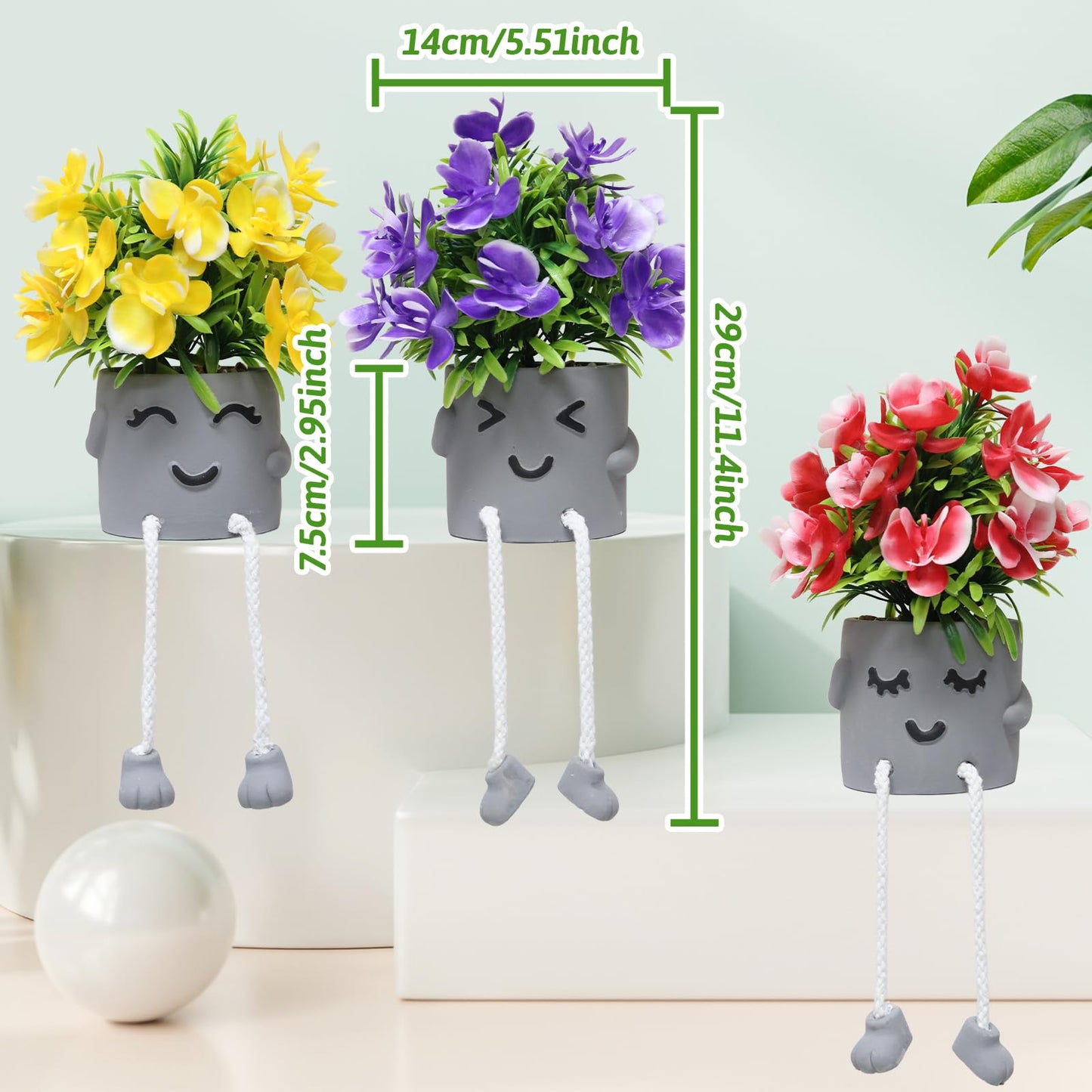 Zerzsy 3 Pack Small Artificial Faux Plants Indoor Summer Spring Decor Fake Plant Flowers with Hanging Leg for Table Decorations Home Office Desk Shelf Decorations