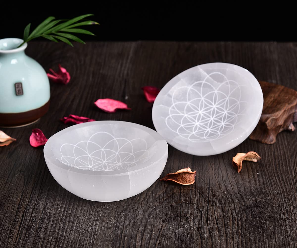 JIC Gem Etched Selenite Bowl Moroccan Selenite Crystal Stone Bowl Healing Crystals Charging Plate Round Engraved Crystal Matrix 3.5-4 inch