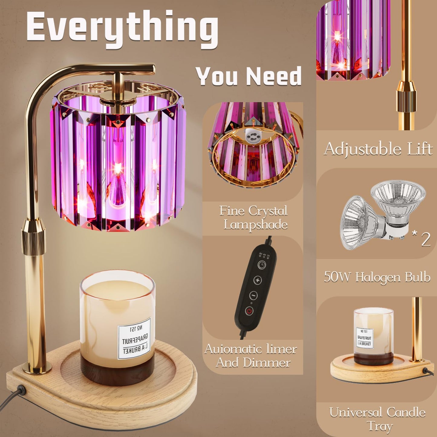 IN HAPPY Purple Candle Warmer Lamp with Timer & Dimmer, Gifts for Women, Housewarming Gifts for New Home, Adjustable Height Candle Warmer Lamp with 2 Bulbs for Jar Candles, Bedroom Home Decor