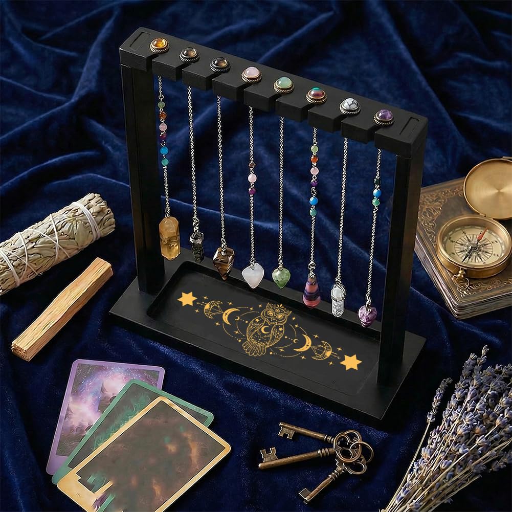 BEUNITONE Pendulum Crystal Holder, Owl Design Wooden Crystal & Jewelry Display Stand Divination Pendulum Storage Rack Tabletop Organiser for Stones, Necklaces and Home Decor