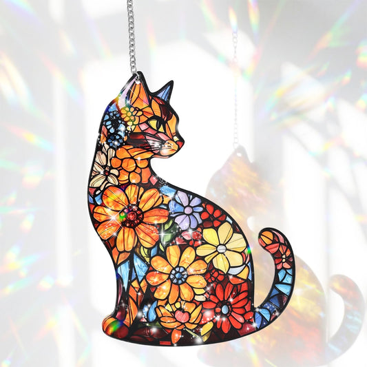 Fizocosisto Cat Stained Glass Suncatcher Window - 7.8" Hanging Sun Catchers,Handcrafted Colorful Glass Indoor Home Decor Ornament with Metal Chain,Unique Pet Lover Memorial Gift for Women Mom
