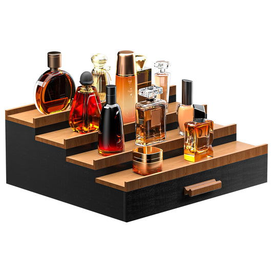 Sephyroth Cologne Organizer for Men 4 Tier of Elevated Cologne Display Shelf with Drawer Storage Perfume Organization and Storage Display Risers,Great Gift for Man(4Tier-BlackWalnut)