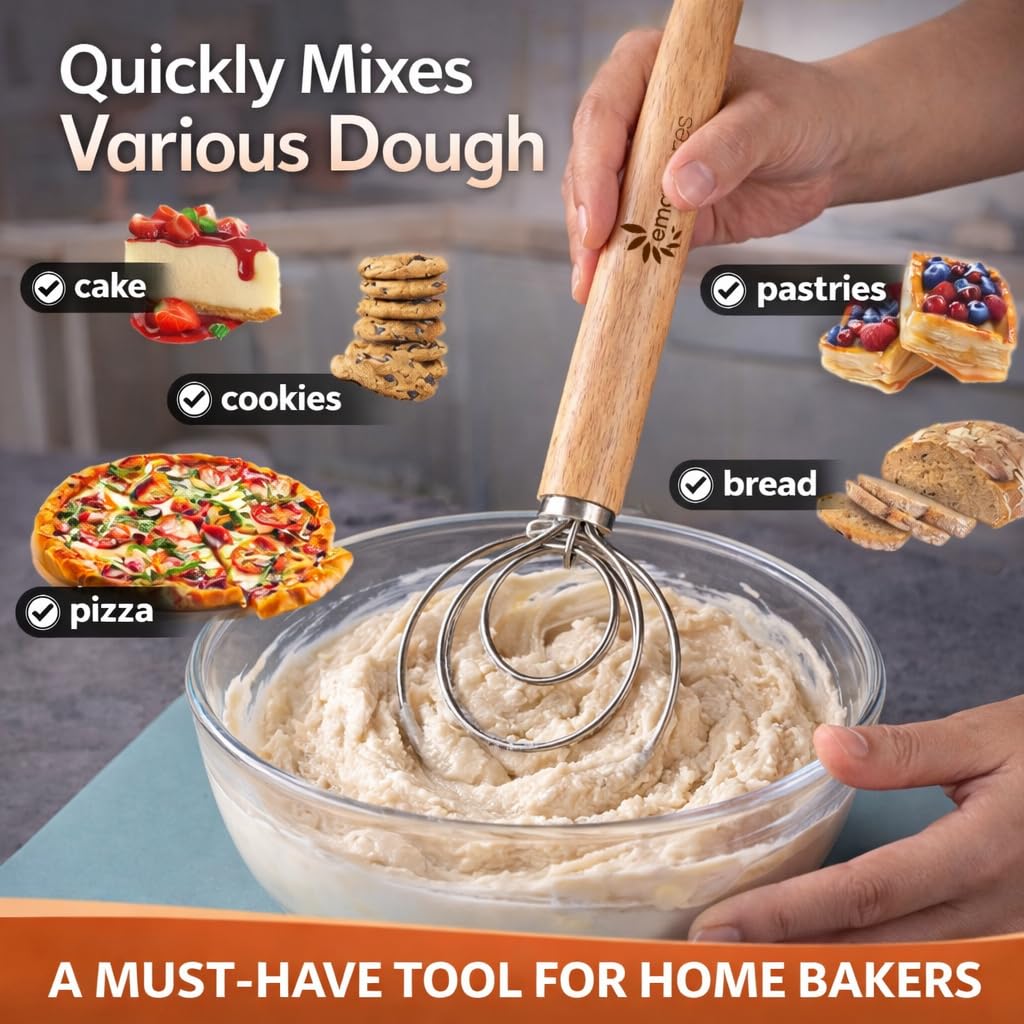 Eman Cares Danish Dough Whisk for Sourdough – Thick Stainless Steel Dutch Whisk with Ergonomic Oak Handle – Heavy-Duty Dough Mixer for Bread & Baking