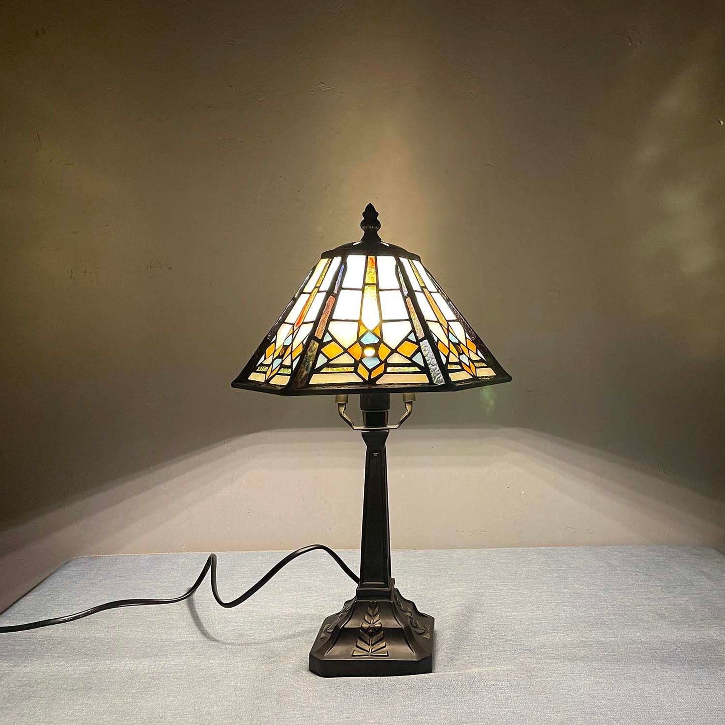 Bieye L10791 Mission Style Table Lamp Tiffany Stained Glass Night Light with Hexagonal Cone Lampshade, 10" W x 16" H