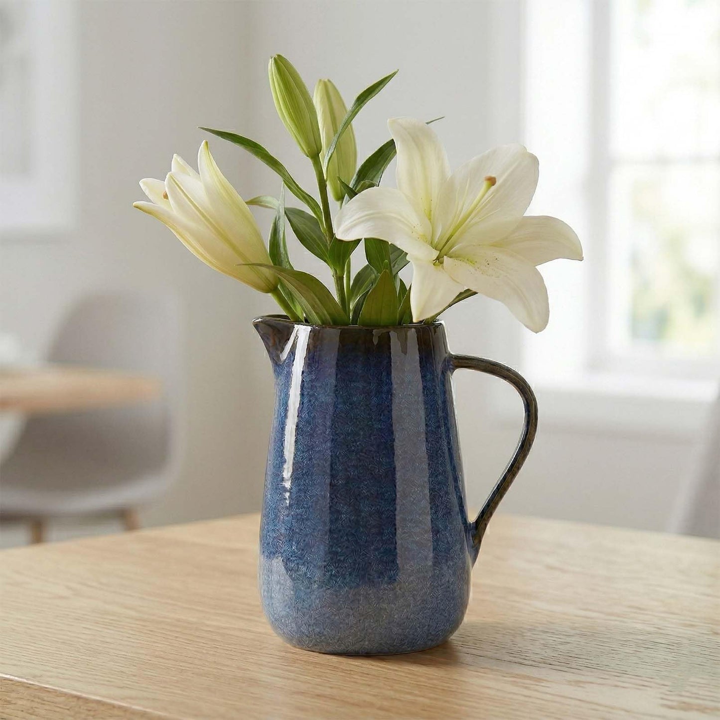 Blue Ceramic Pitcher Vase, Water Pitchers with Handle,For Modern Rustic Farmhouse Vase Home Decor,Cute Small Ceramic Vases,Entrance Decoration and Centerpieces for Dining Table Decor (Blue)
