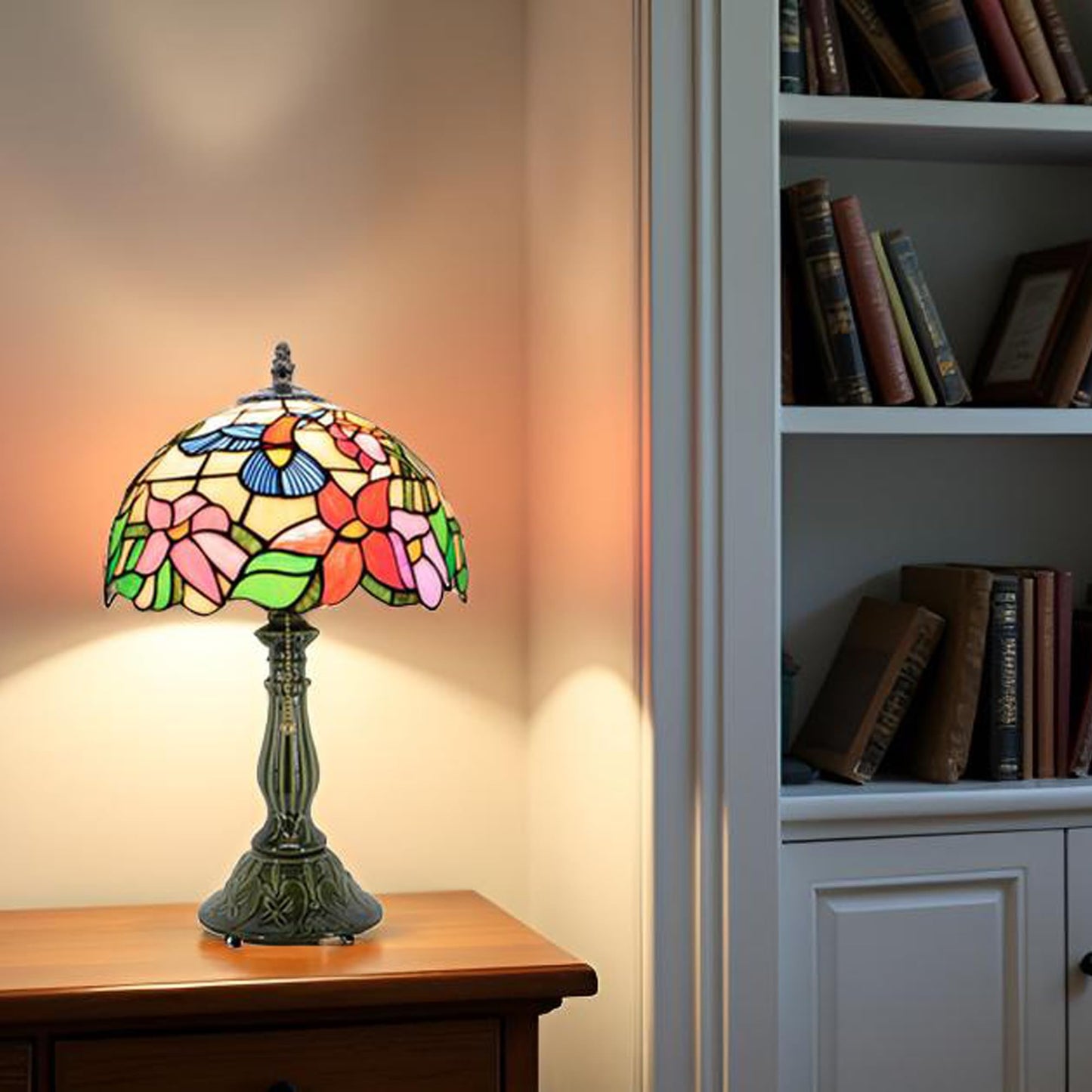 MQYXH Tiffany Style Stained Glass Table Lamp 18.5 Inch - Blue Hummingbird