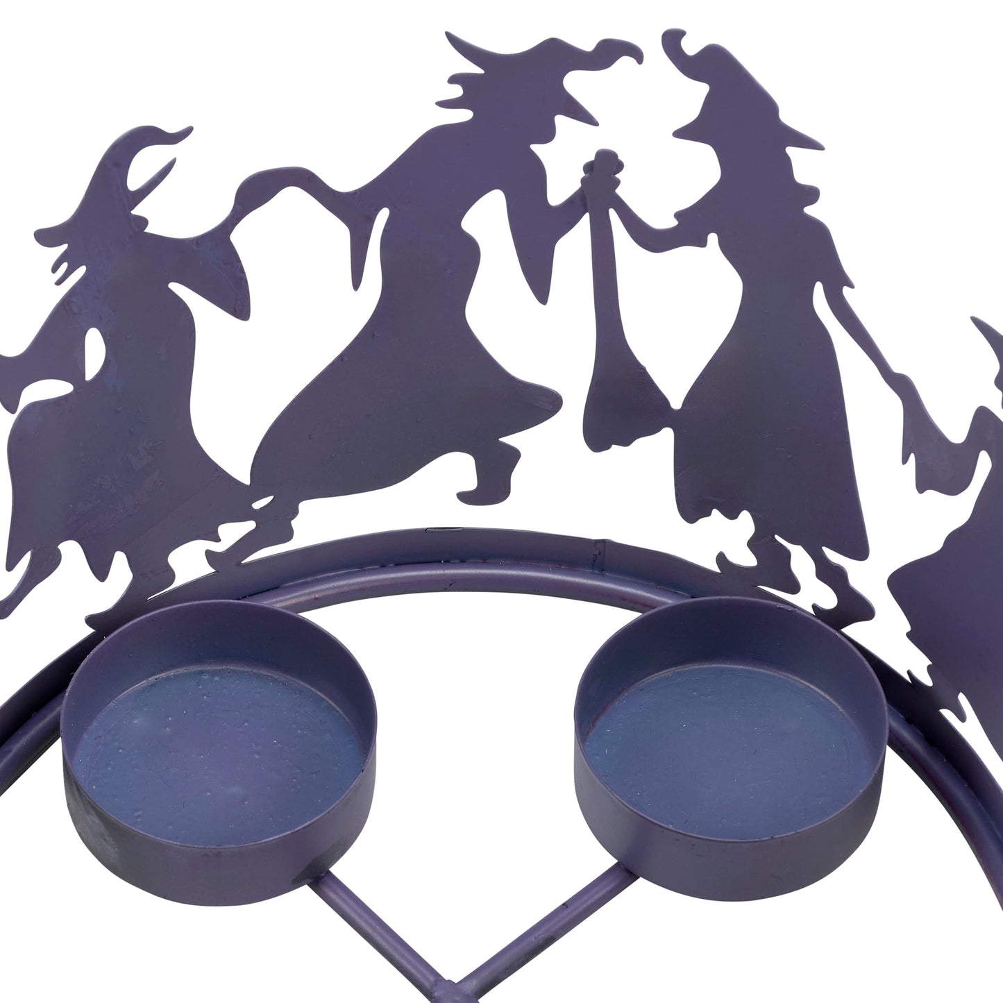 Primitives by Kathy Decorative Candle Holder, from Our Halloween Collection with Dimensional Design of Witch Shaped Metal Cutouts Surrounding 4 Metal Candle Holders, illuminates Dancing Witch Design