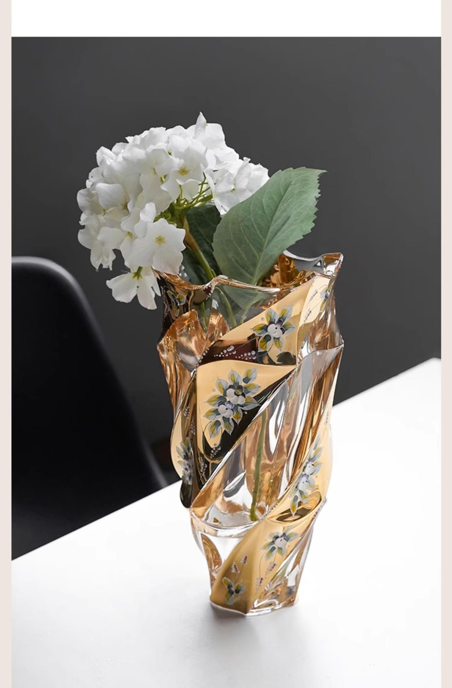 Deegufa Gold Glass Flower Vase Hand Painted Golden Enamel Vases 9.1 in, Premium Bohemia Crystal Vase for Home Decor