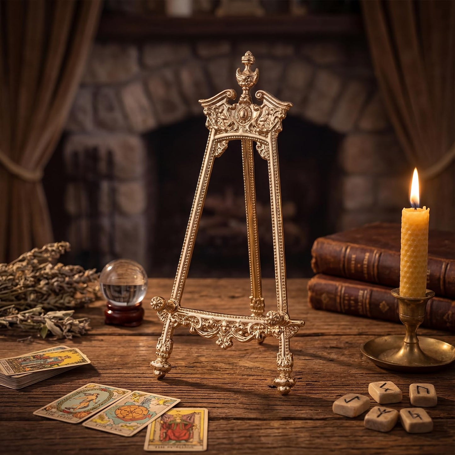 Novabright Ornate Metal Display Stand Only, 9 Inch Antique Decorative Easel for Scrying Mirrors, Small Plates, Photos, Crystal & Altar Decor