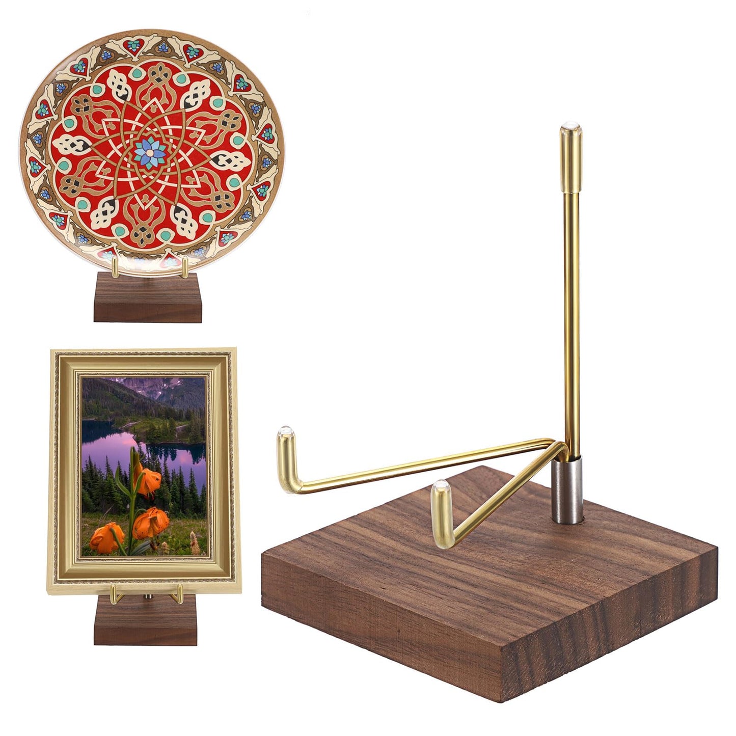 Hipiwe 2Pcs Adjustable Metal Arms Display Stand with Wooden Base Rock Display Stand Easel Decorative Plates Display Easel Holder for Gemstones Fossils Minerals Agate Plates Collectibles, 3.1"x3.1"