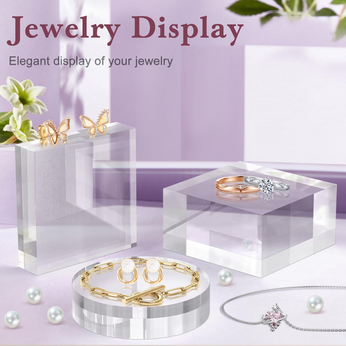 SAMYUCHO Acrylic Base Stand 4 Pieces Acrylic Blocks for Display 4 X 4 X 1 Inch Clear Polished Block Round Cube Riser Display Pedestal Stands for Jewelry Perfume Ring Collection Props Cake