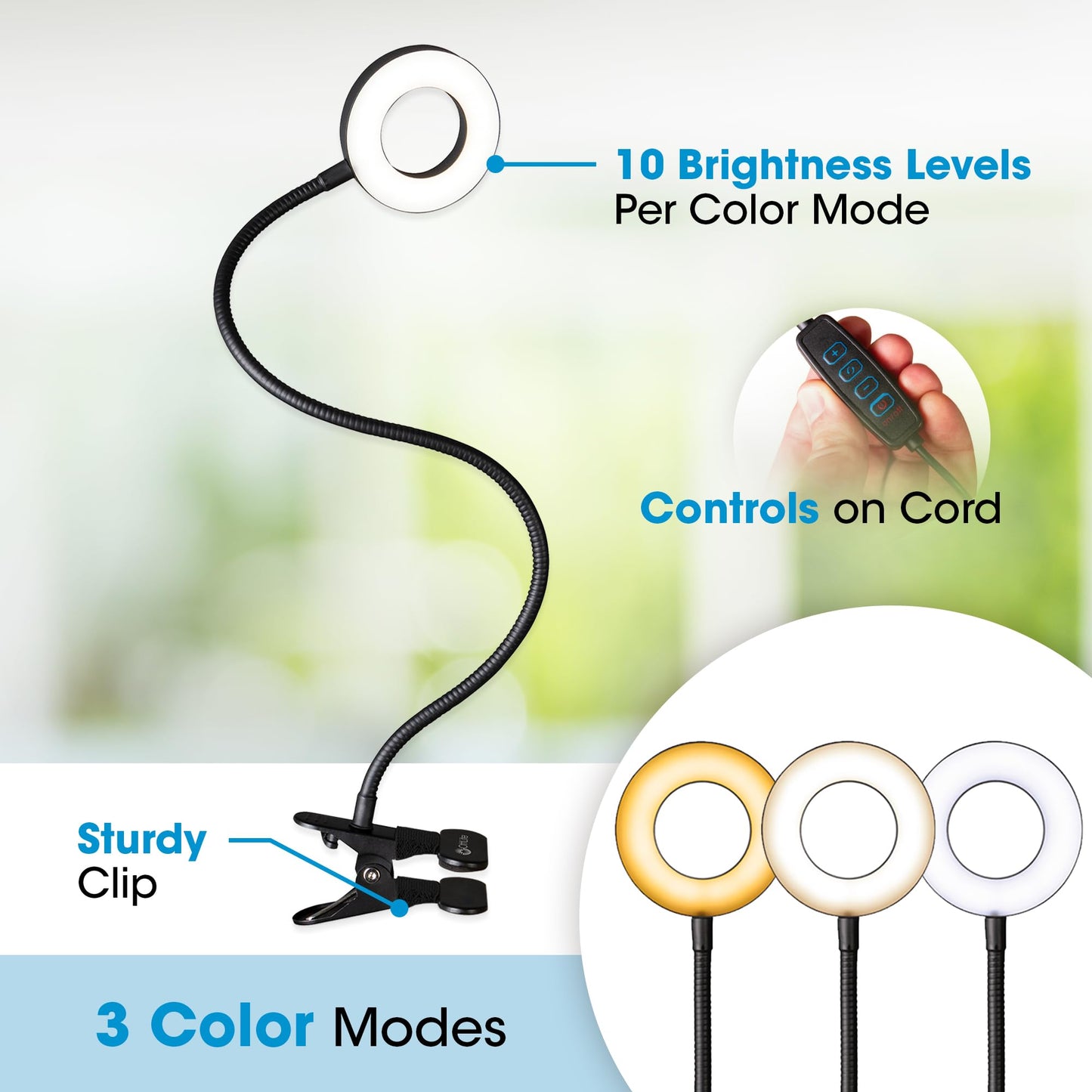 OttLite Capture Clip-On LED Desk Lamp and Ring Light for Desk, Use for Reading, Selfie, for Computer, ClearSun LED Technology, Dimmable with 3 Color Modes
